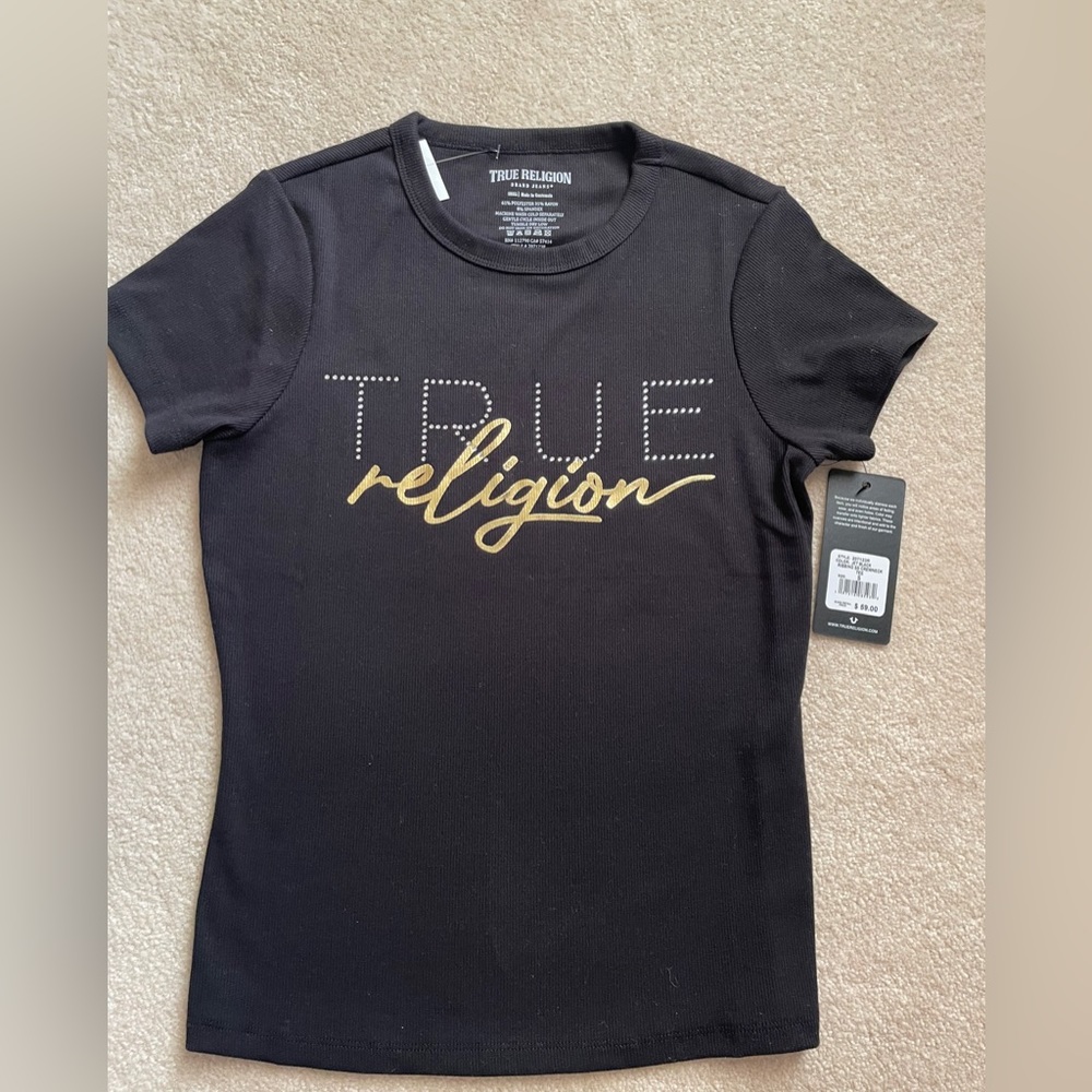 True Religion Ladies Black Short Sleeve Ribbed Bling Tee Small New w/Tags